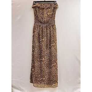 Women's Fully Lined Strapless Ruffled Maxi Dress Brown Leopard Print Size M